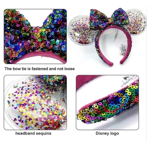 Disney Parks Mickey Minnie Ears rainbow glitter bow sequin clear ear sparkle - Picture 2 of 8